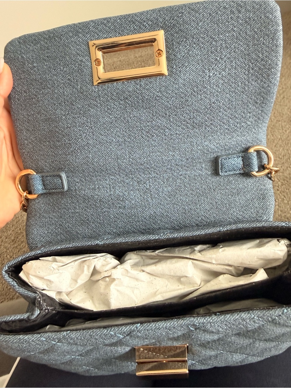 Aldo Denim-Textured Quilted Shoulder Bag with Charm Chain - Picture 5 of 5